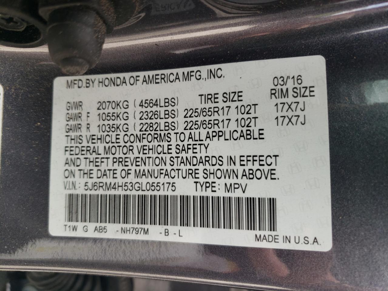 2016 Honda Cr-V Ex VIN: 5J6RM4H53GL055175 Lot: 63593125