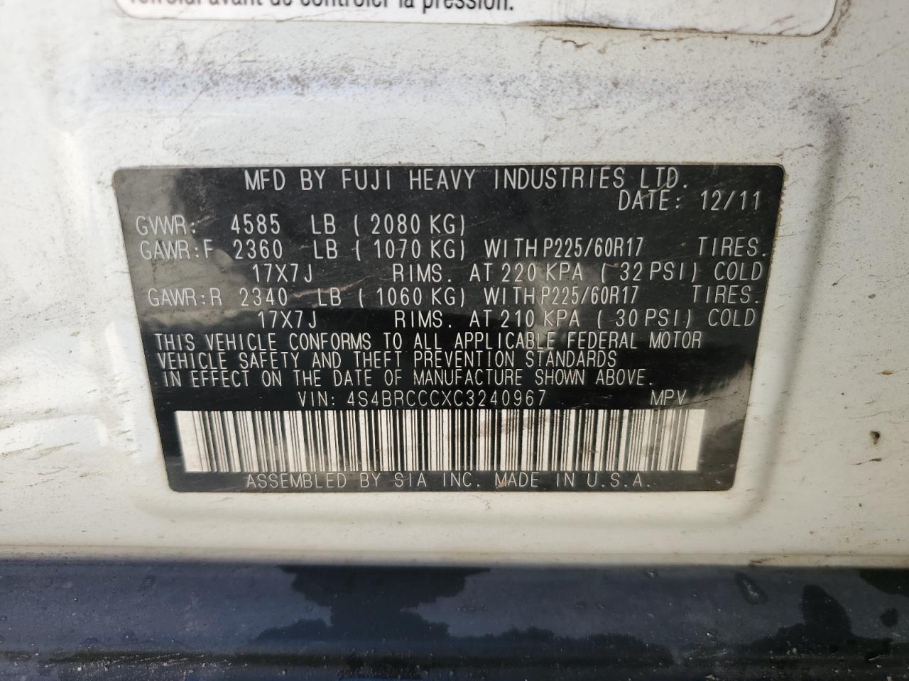 2012 Subaru Outback 2.5I Premium VIN: 4S4BRCCCXC3240967 Lot: 65749215