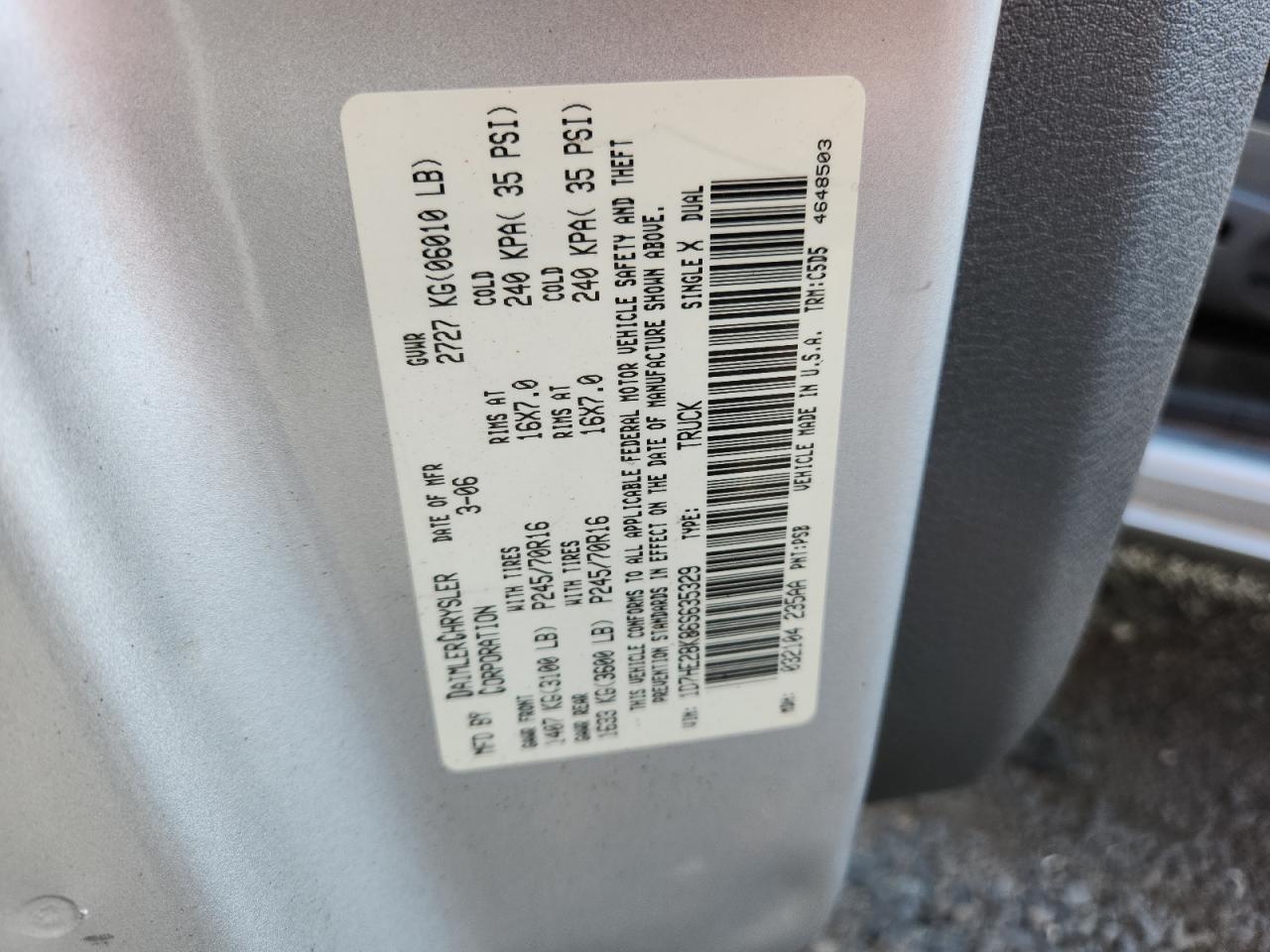 2006 Dodge Dakota Quad VIN: 1D7HE28K86S635329 Lot: 63930725