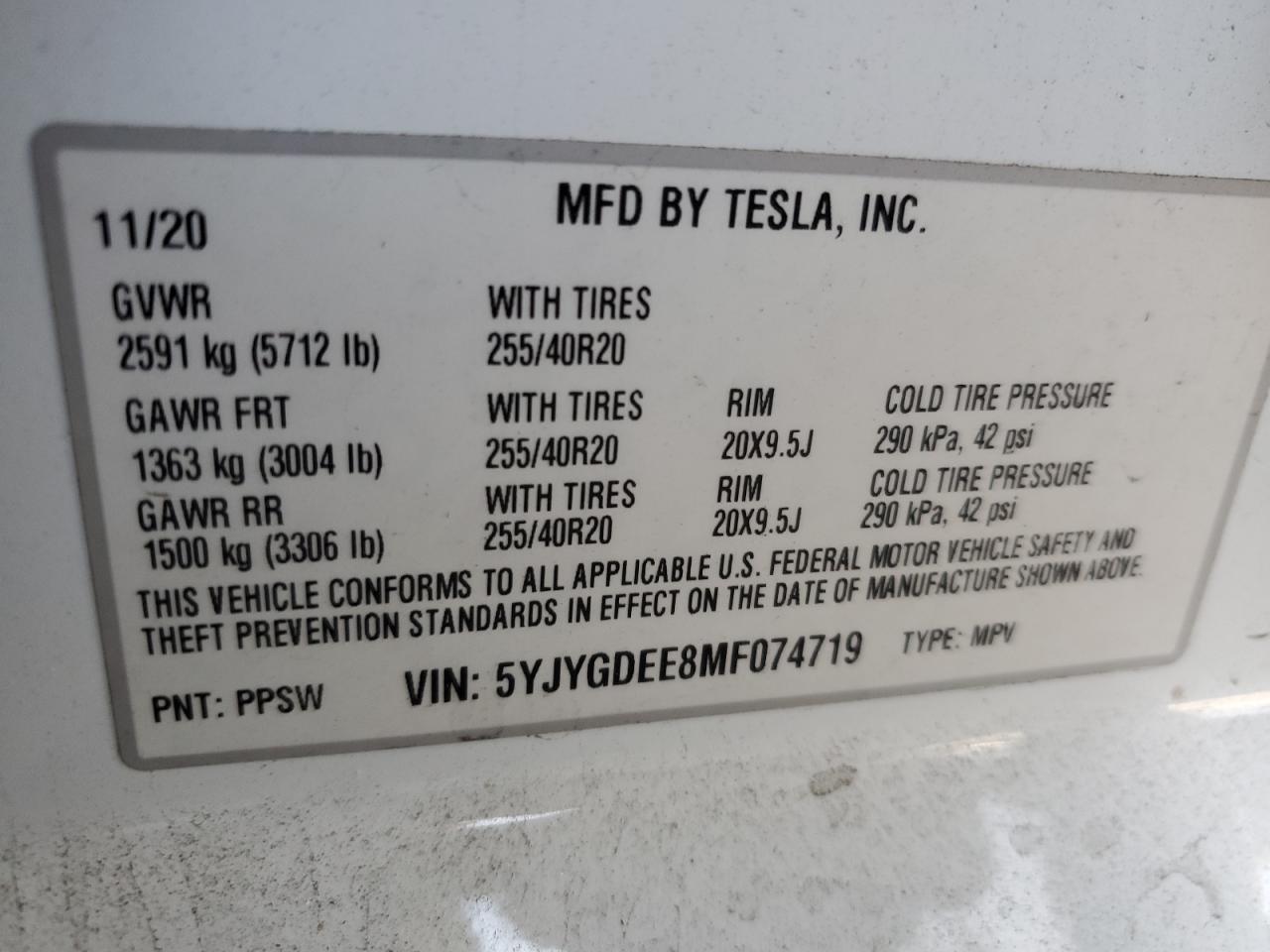 2021 Tesla Model Y VIN: 5YJYGDEE8MF074719 Lot: 66645495
