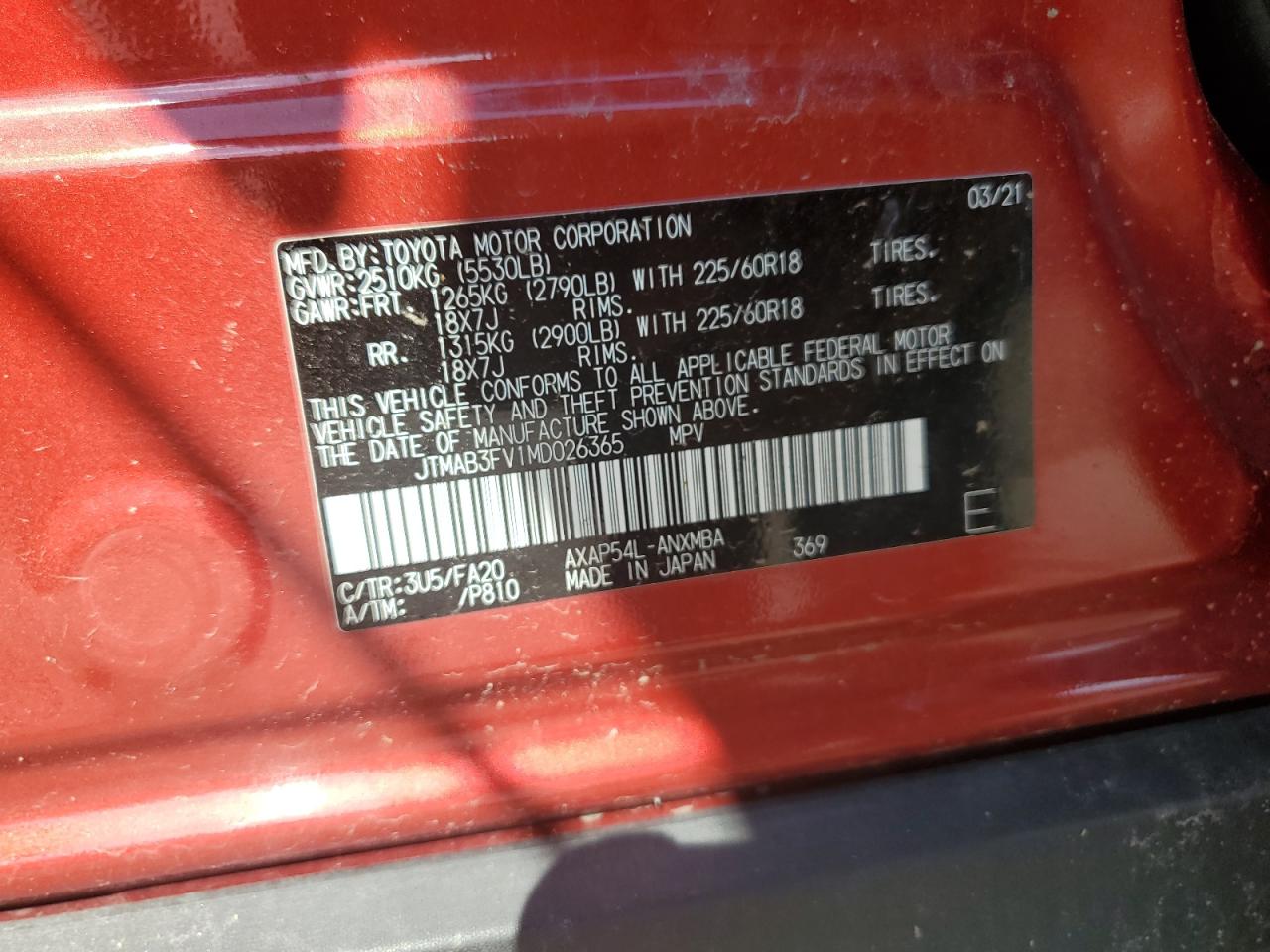 2021 Toyota Rav4 Prime Se VIN: JTMAB3FV1MD026365 Lot: 65050575