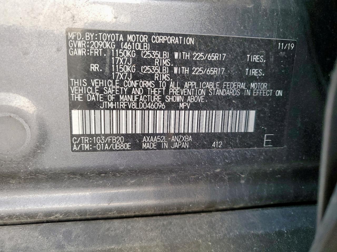 2020 Toyota Rav4 Le VIN: JTMH1RFV8LD046096 Lot: 64133535