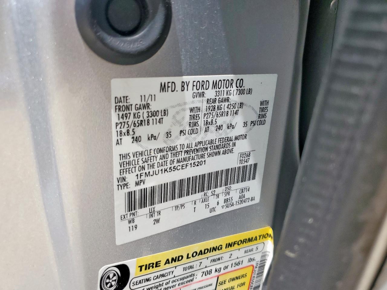 2012 Ford Expedition Limited VIN: 1FMJU1K55CEF15201 Lot: 63770565