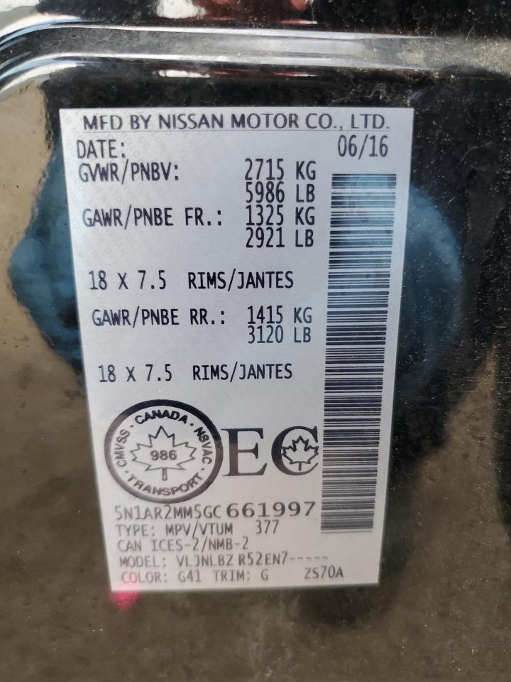 2016 Nissan Pathfinder S VIN: 5N1AR2MM5GC661997 Lot: 63691785