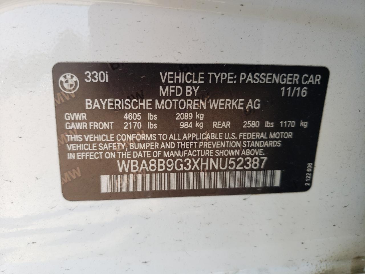 2017 BMW 330 I VIN: WBA8B9G3XHNU52387 Lot: 64905475