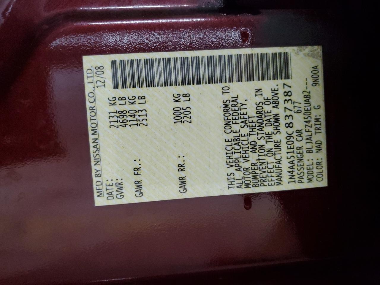 1n4aa51e09c837387 1N4AA51E09C837387 2009 Nissan Maxima S
