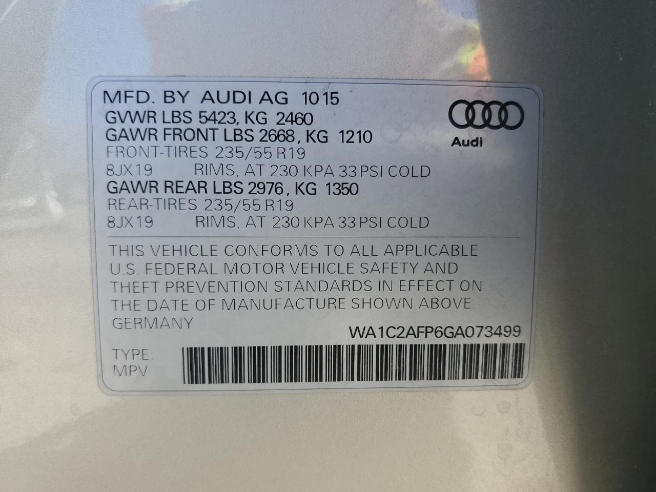 2016 Audi Q5 Premium VIN: WA1C2AFP6GA073499 Lot: 66556905
