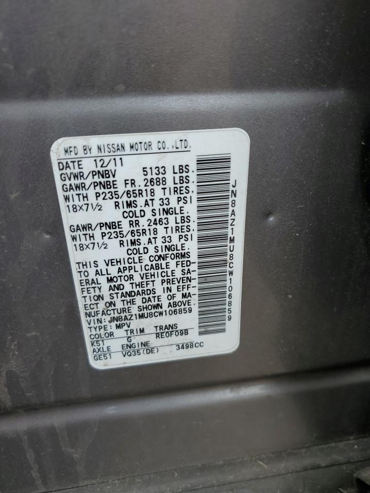 2012 Nissan Murano S VIN: JN8AZ1MU8CW106859 Lot: 64616275