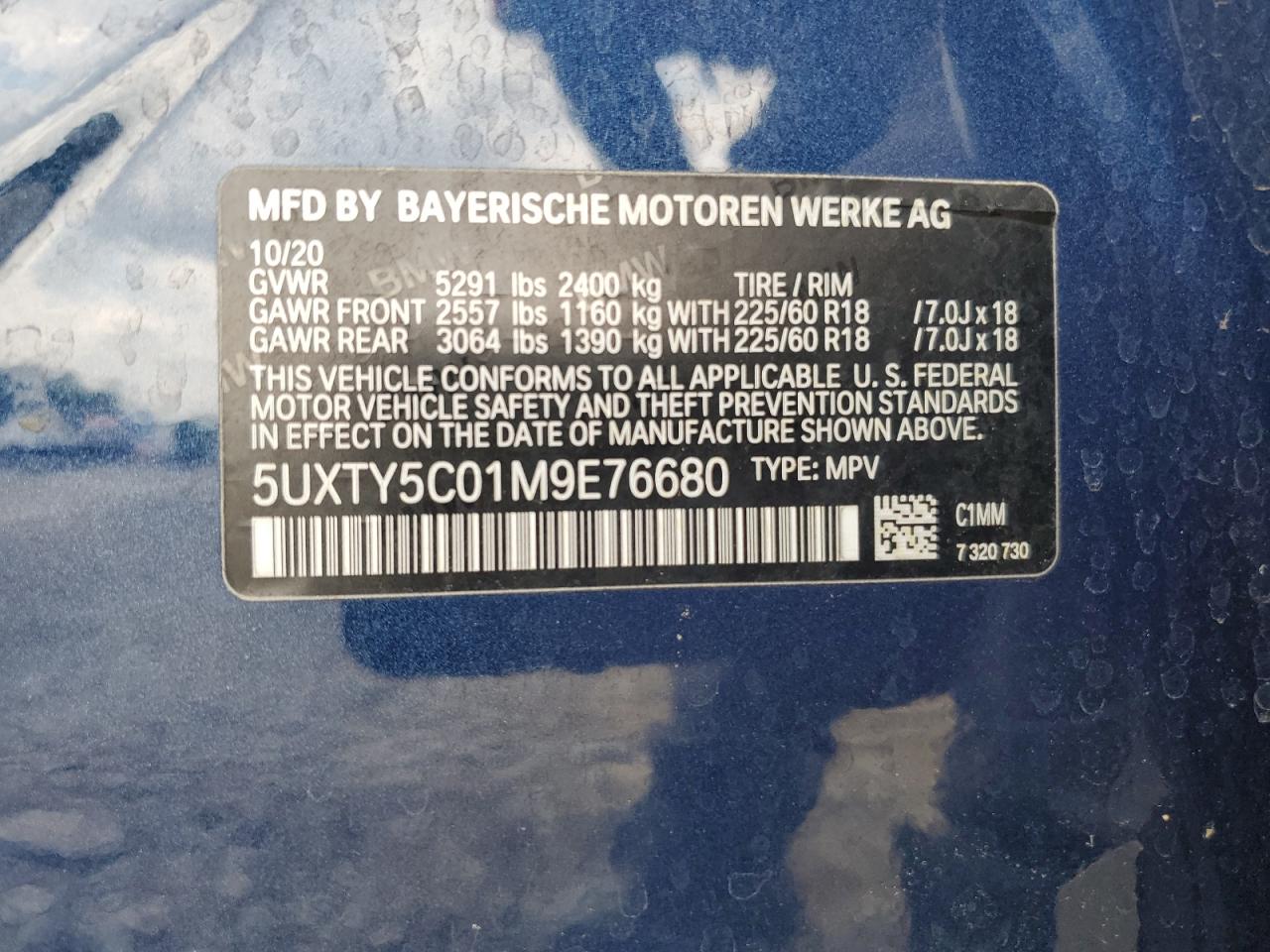 2021 BMW X3 xDrive30I VIN: 5UXTY5C01M9E76680 Lot: 64577015