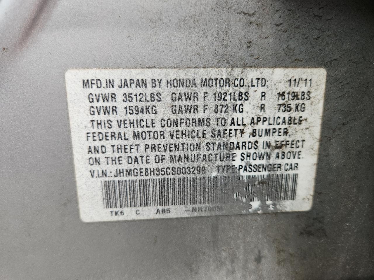 2012 Honda Fit VIN: JHMGE8H35CS003299 Lot: 64742725
