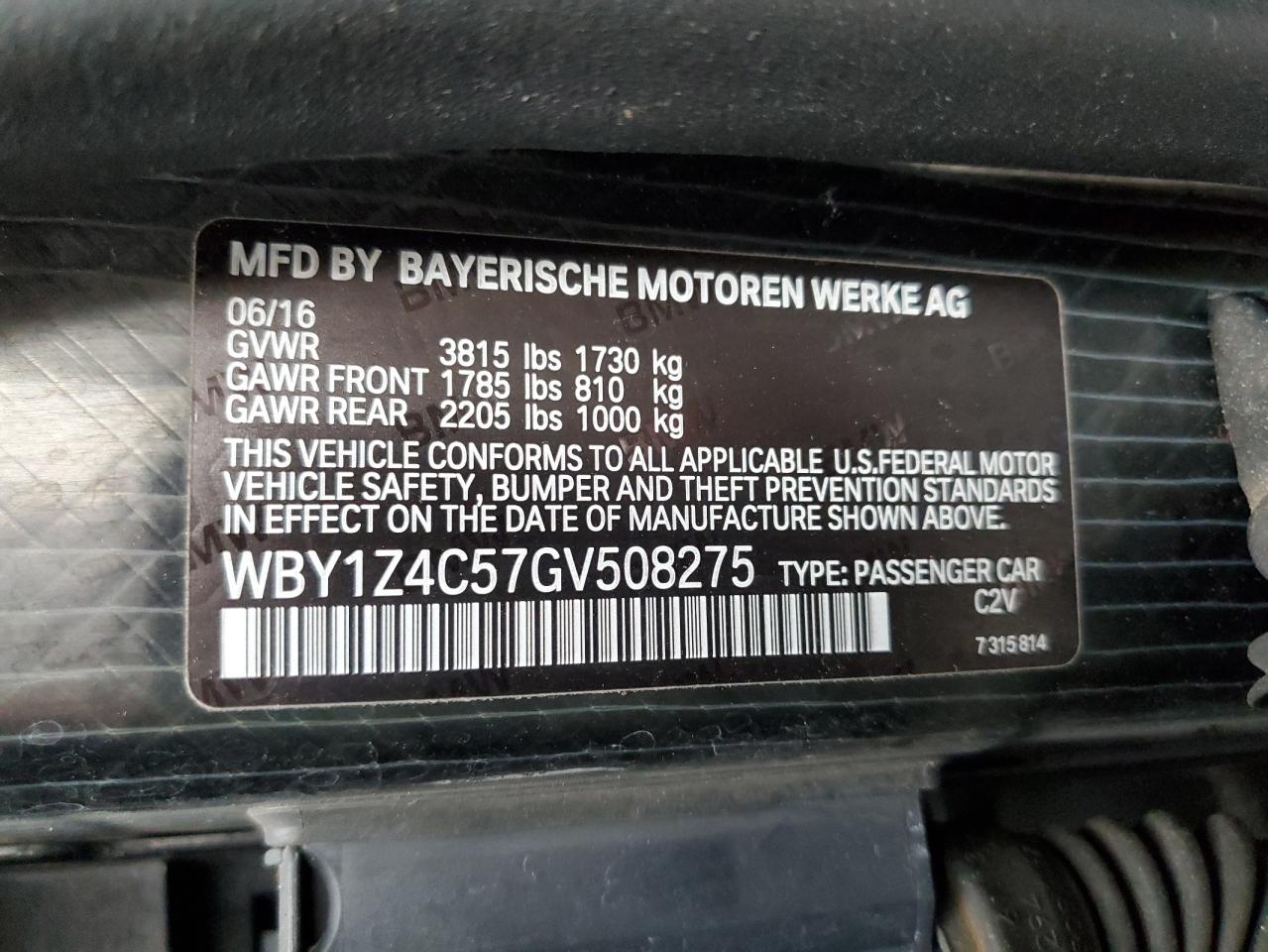 2016 BMW I3 Rex VIN: WBY1Z4C57GV508275 Lot: 64293595