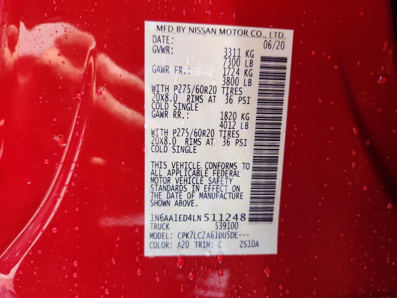 2020 Nissan Titan Sv VIN: 1N6AA1ED4LN511248 Lot: 64366175