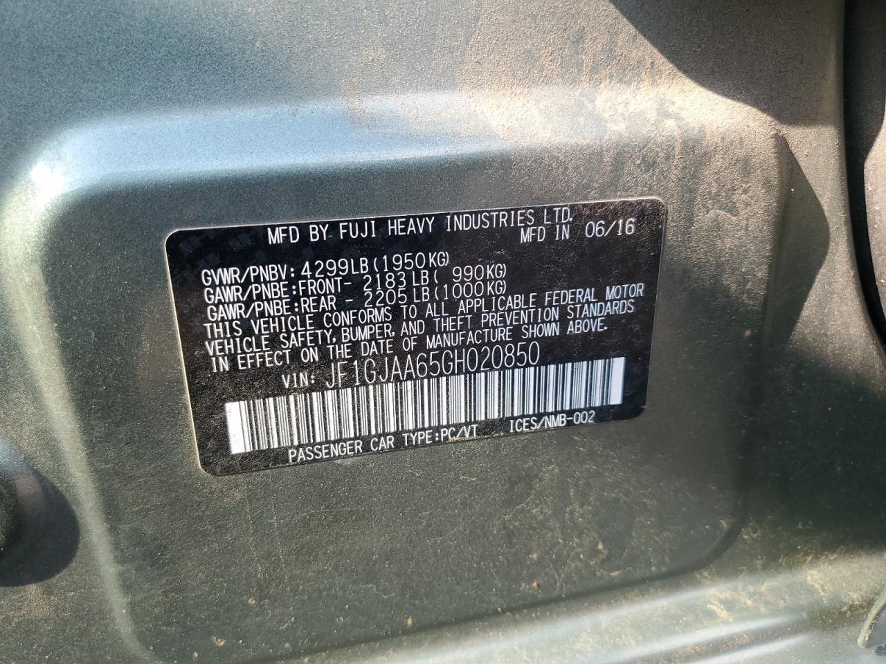 2016 Subaru Impreza VIN: JF1GJAA65GH020850 Lot: 64367505