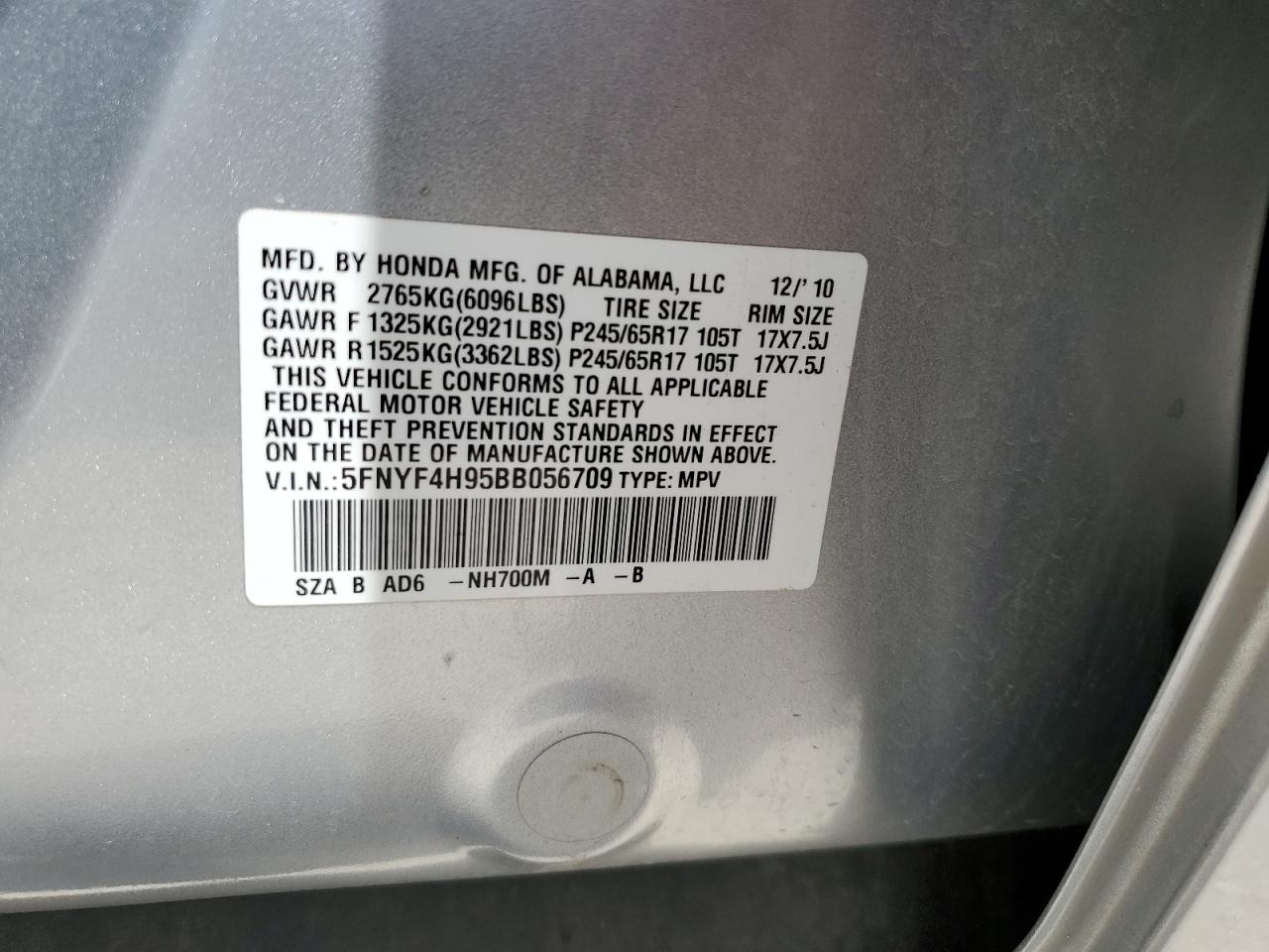 2011 Honda Pilot Touring VIN: 5FNYF4H95BB056709 Lot: 63126095