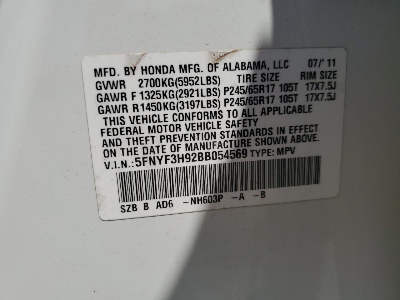 2011 Honda Pilot Touring VIN: 5FNYF3H92BB054569 Lot: 65279785