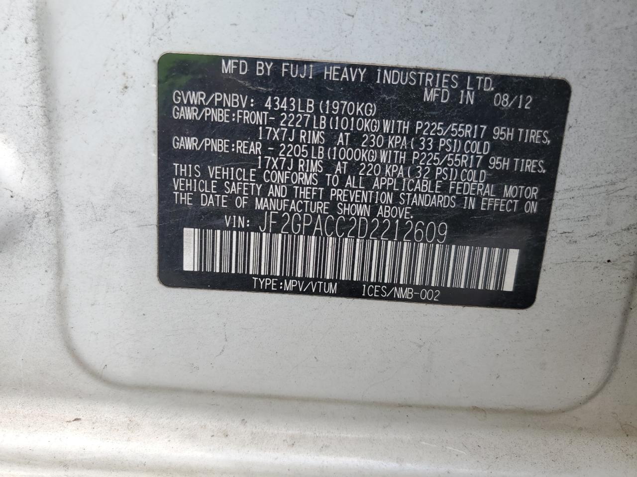 2013 Subaru Xv Crosstrek 2.0 Premium VIN: JF2GPACC2D2212609 Lot: 66839735