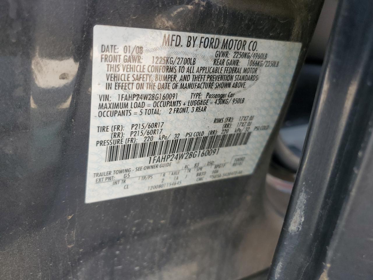 2008 Ford Taurus Sel VIN: 1FAHP24W28G160091 Lot: 64751215