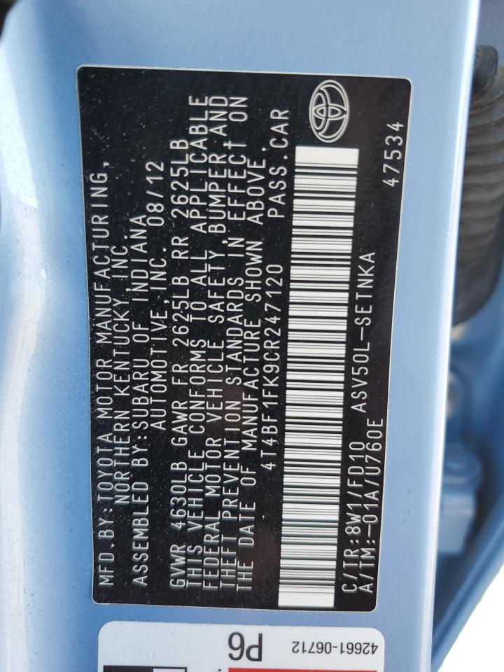 4t4bf1fk9cr247120 4T4BF1FK9CR247120 2012 Toyota Camry Base