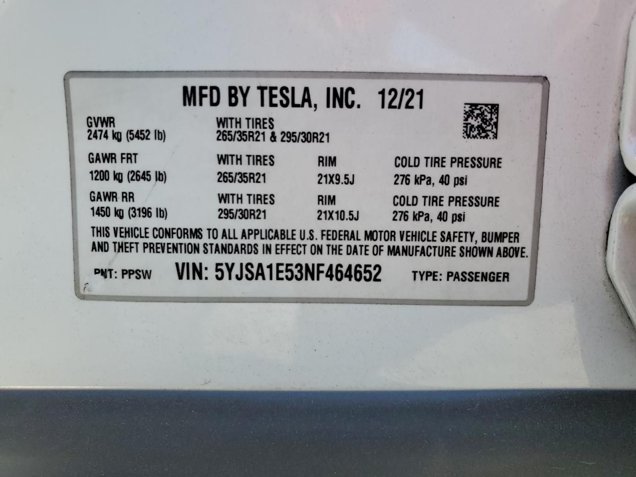 2022 Tesla Model S VIN: 5YJSA1E53NF464652 Lot: 65176375