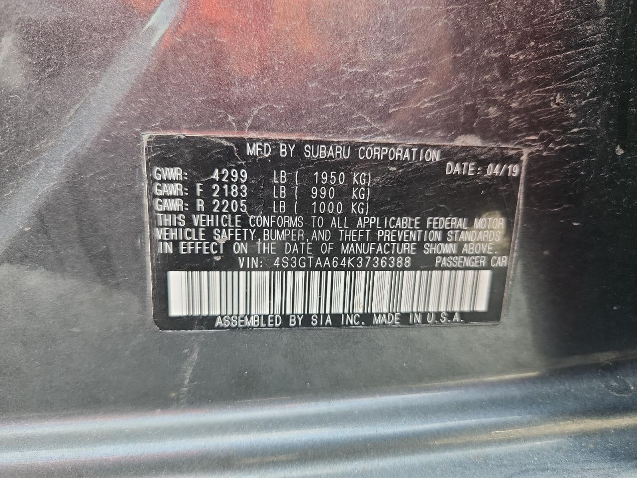 2019 Subaru Impreza VIN: 4S3GTAA64K3736388 Lot: 62708005