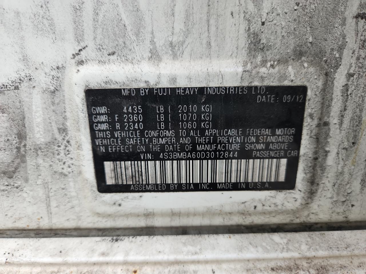 2013 Subaru Legacy 2.5I VIN: 4S3BMBA60D3012844 Lot: 62875425