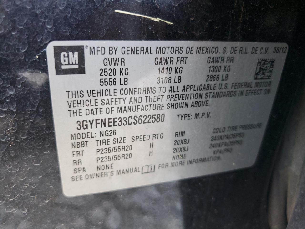 2012 Cadillac Srx Performance Collection VIN: 3GYFNEE33CS622580 Lot: 66005485