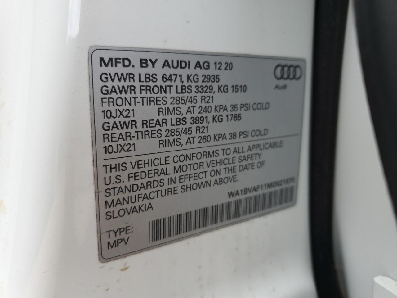 wa1bvaf11md021870 WA1BVAF11MD021870 2021 Audi Q8 Premium Plus