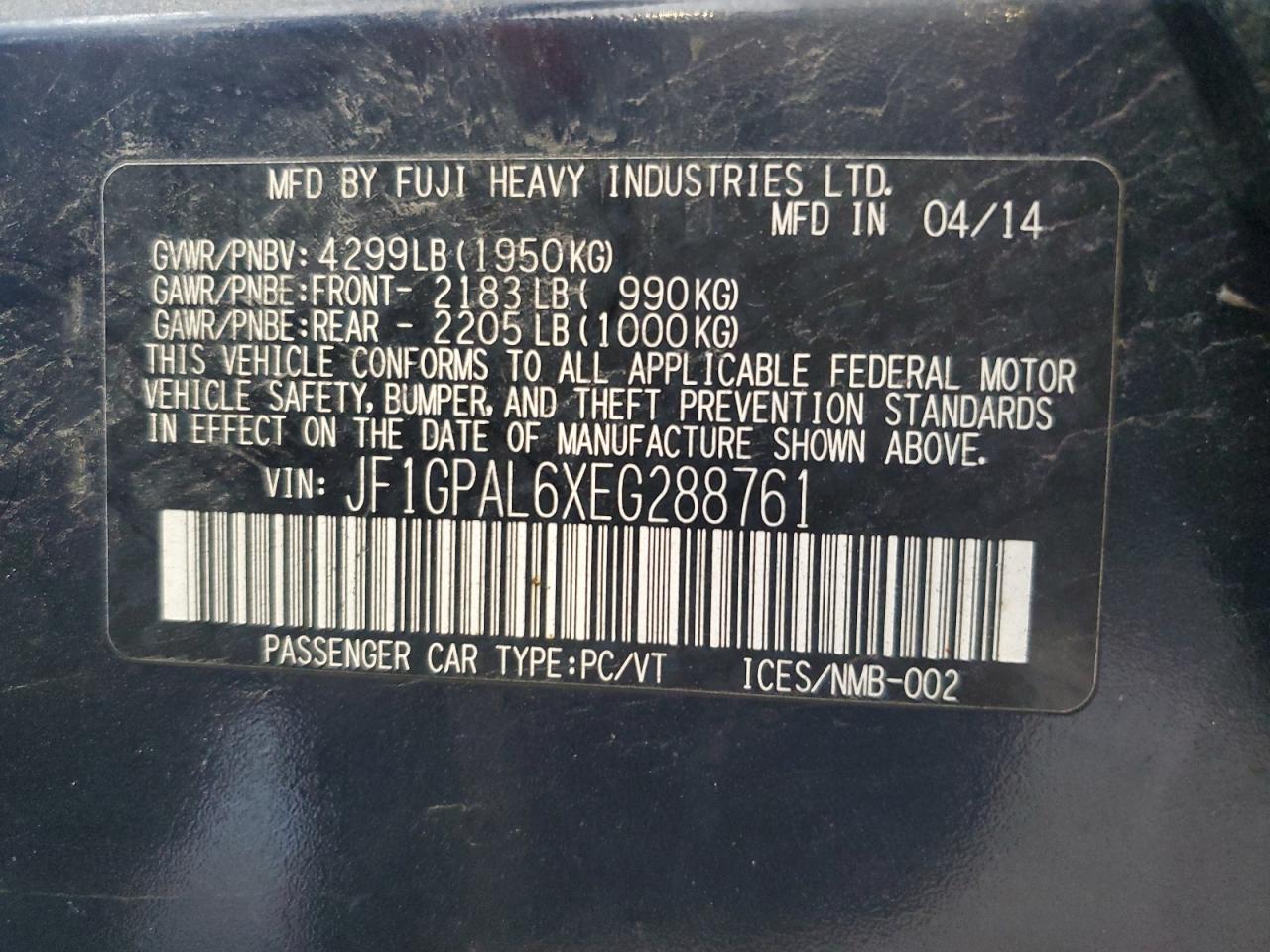 2014 Subaru Impreza Sport Premium VIN: JF1GPAL6XEG288761 Lot: 64680395
