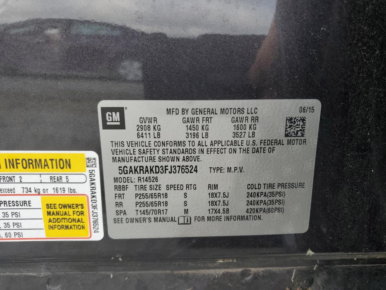2015 Buick Enclave VIN: 5GAKRAKD3FJ376524 Lot: 65041675