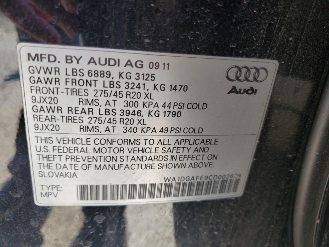 2012 Audi Q7 Prestige VIN: WA1DGAFE9CD002679 Lot: 63603375