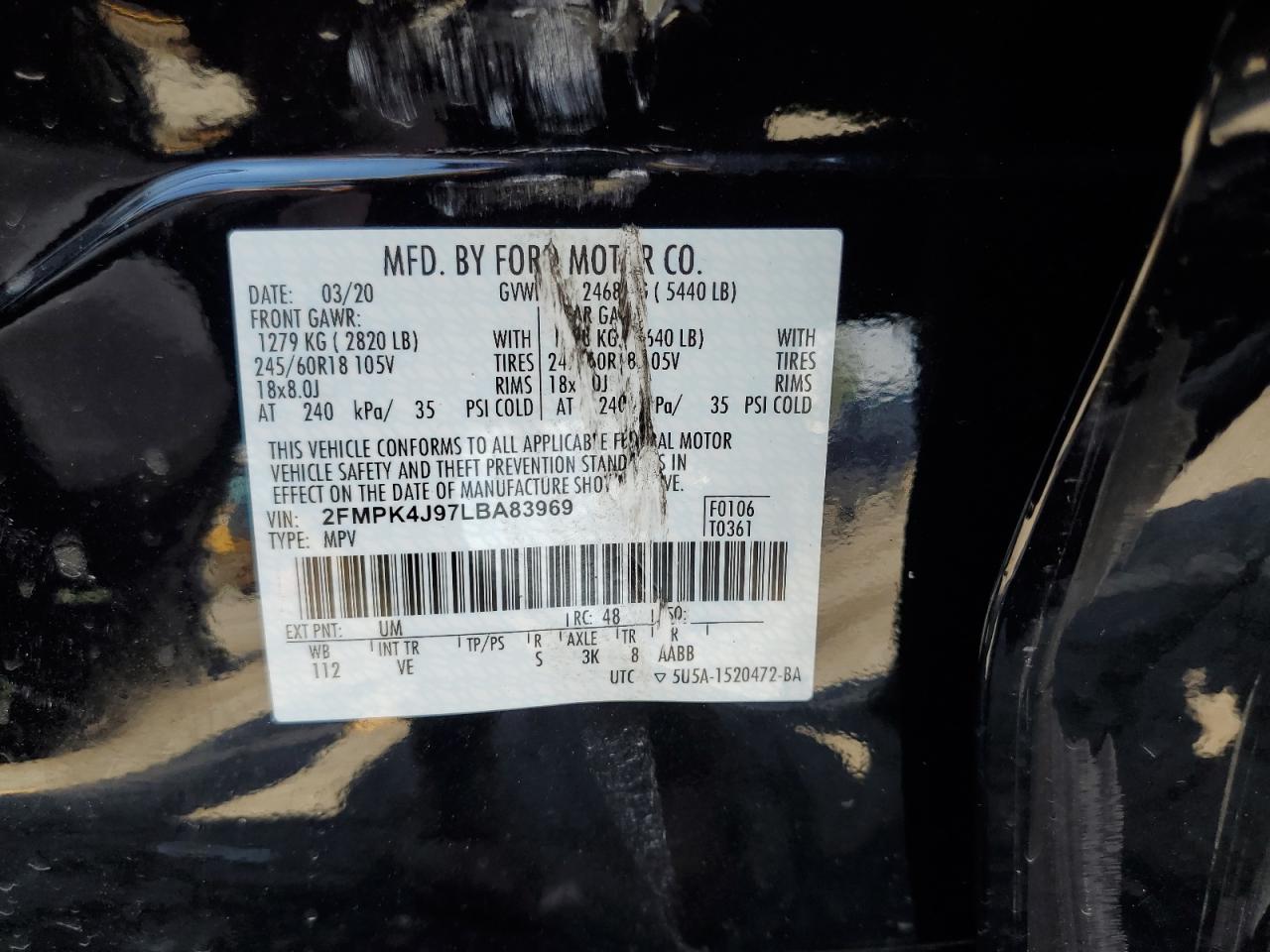 2020 Ford Edge Sel VIN: 2FMPK4J97LBA83969 Lot: 63640385