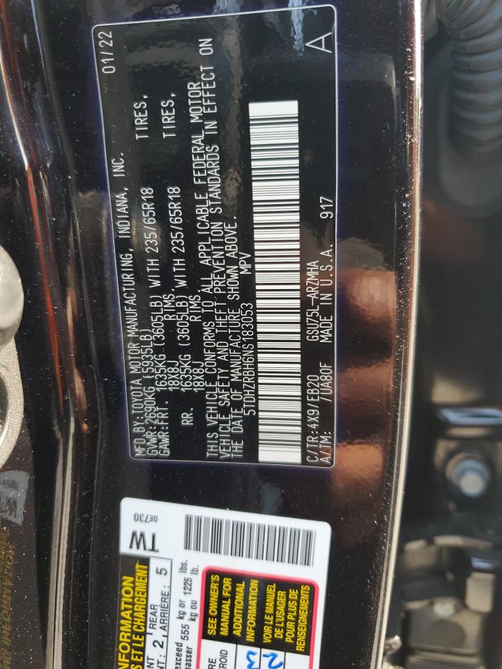 2022 Toyota Highlander Xle VIN: 5TDHZRBH6NS183053 Lot: 66501265