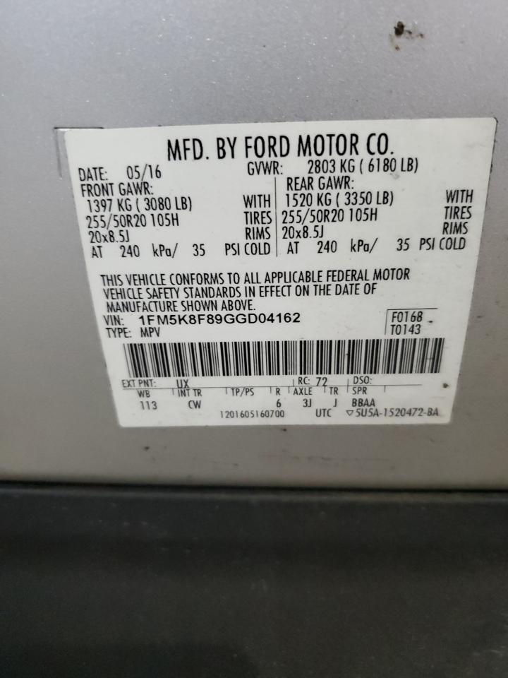 2016 Ford Explorer Limited VIN: 1FM5K8F89GGD04162 Lot: 62067335