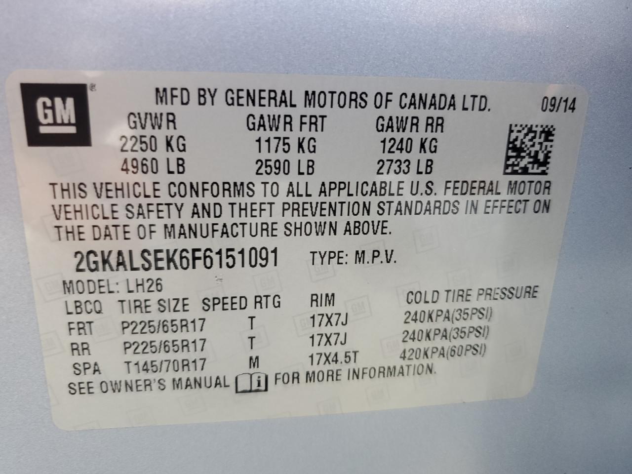2015 GMC Terrain Slt VIN: 2GKALSEK6F6151091 Lot: 63934005