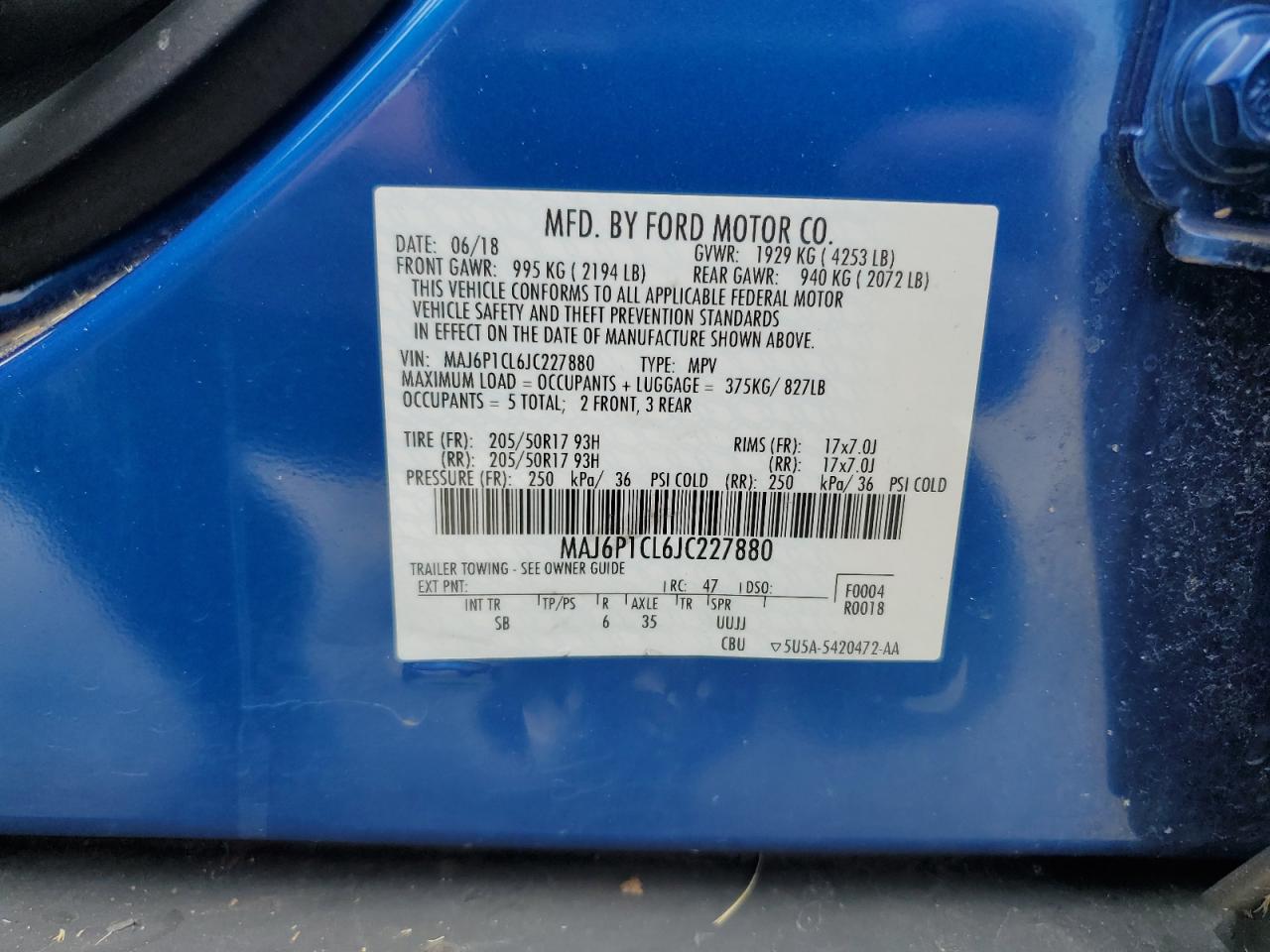 2018 Ford Ecosport Ses VIN: MAJ6P1CL6JC227880 Lot: 63452795