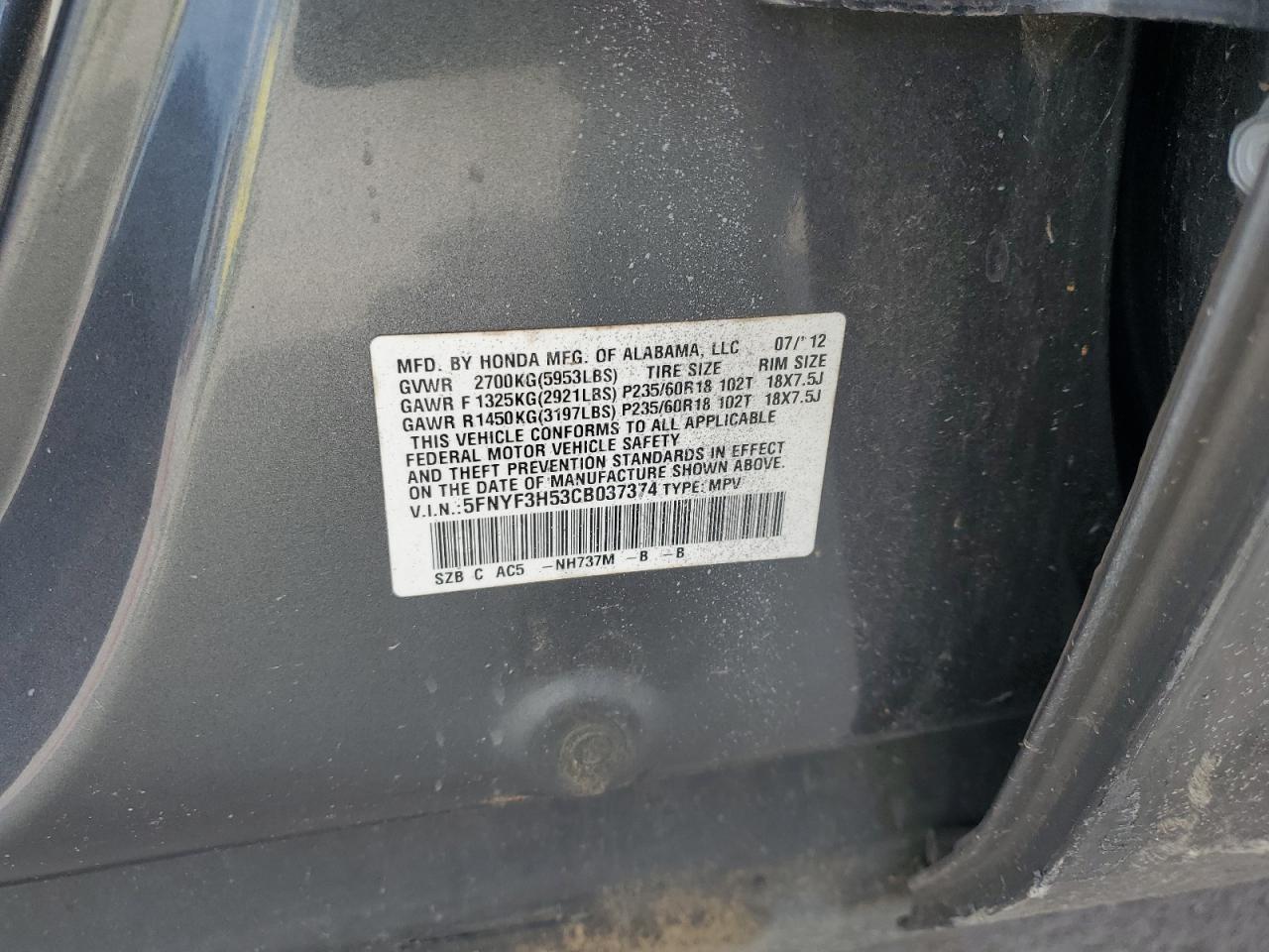 2012 Honda Pilot Exl VIN: 5FNYF3H53CB037374 Lot: 63625005