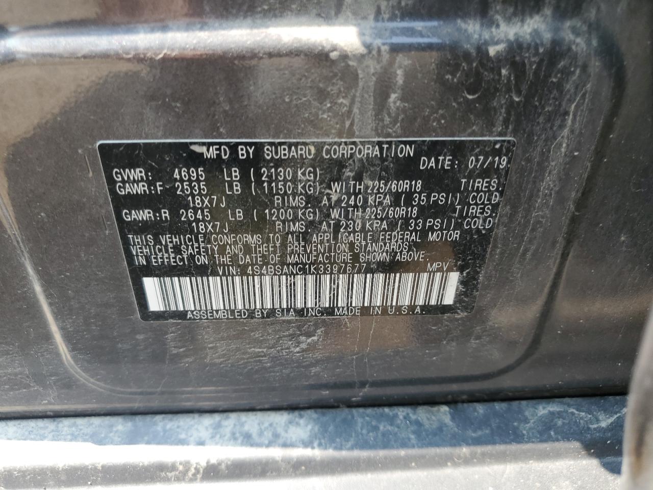 2019 Subaru Outback 2.5I Limited VIN: 4S4BSANC1K3397677 Lot: 65160005
