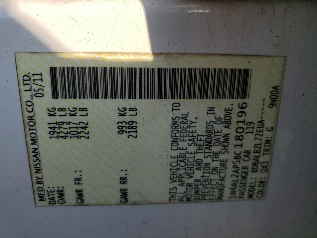 2011 Nissan Altima Base VIN: 1N4AL2AP5BC180196 Lot: 65545985