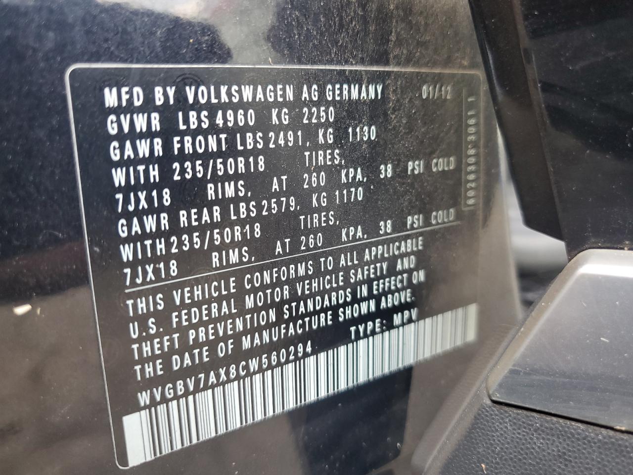 2012 Volkswagen Tiguan S VIN: WVGBV7AX8CW560294 Lot: 66135895