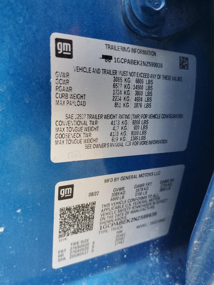 2022 Chevrolet Silverado C1500 Custom VIN: 1GCPABEK2NZ599939 Lot: 64484155