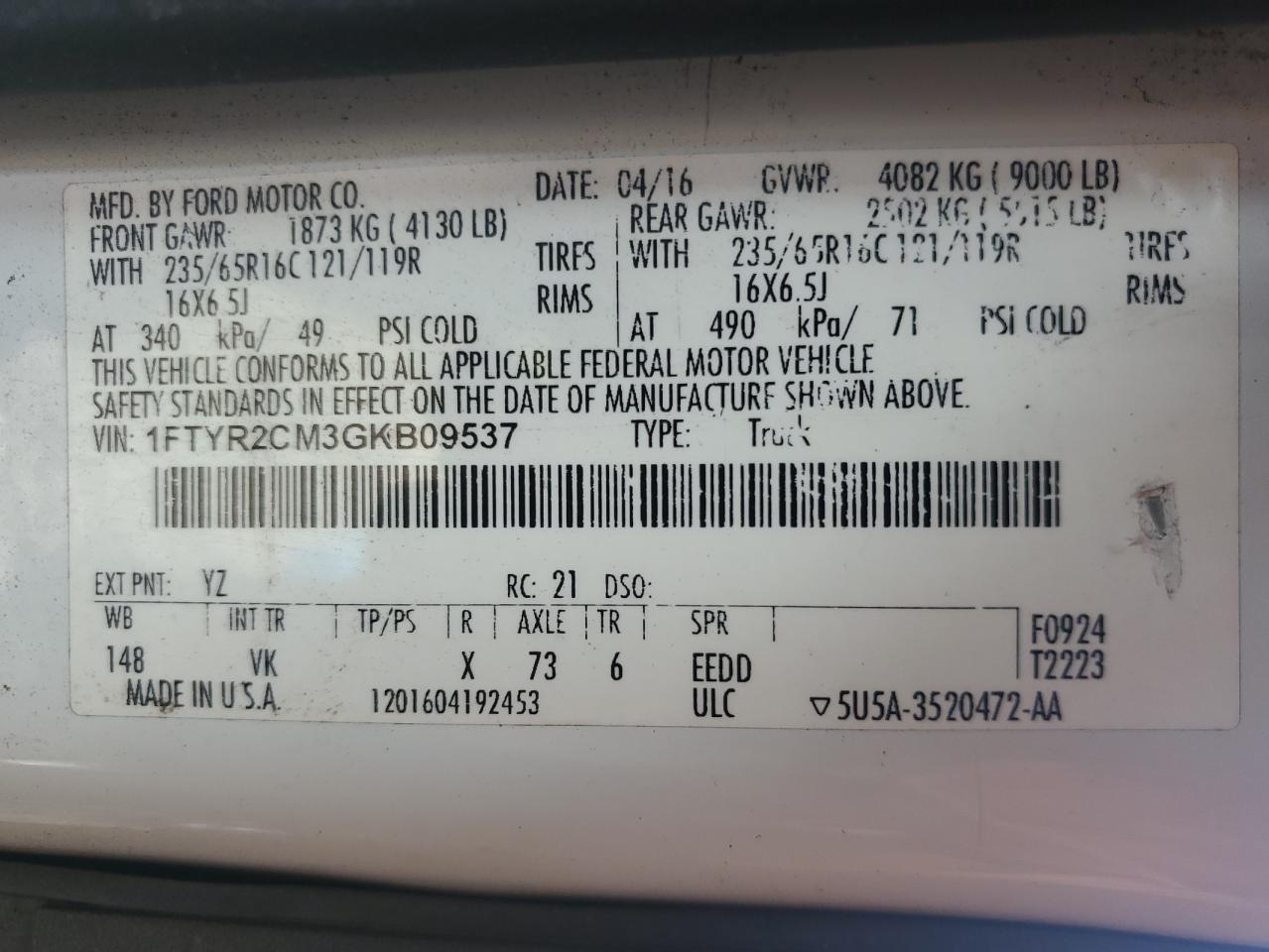 2016 Ford Transit T-250 VIN: 1FTYR2CM3GKB09537 Lot: 62279665