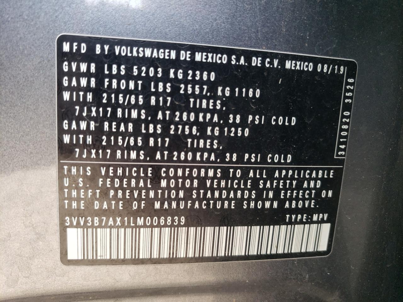 2020 Volkswagen Tiguan Se VIN: 3VV3B7AX1LM006839 Lot: 65326495