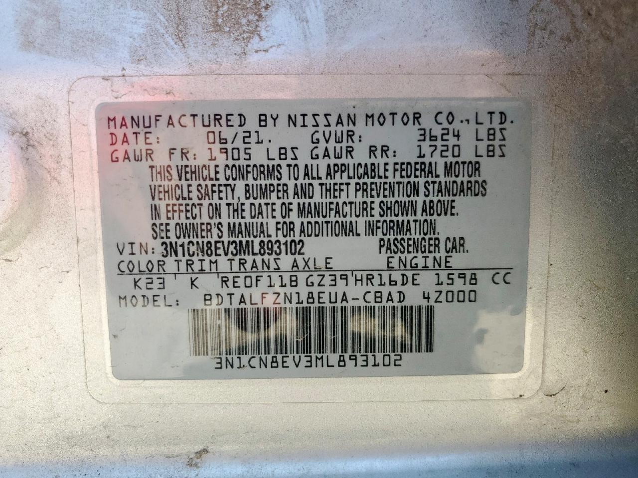 2021 Nissan Versa Sv VIN: 3N1CN8EV3ML893102 Lot: 65449705