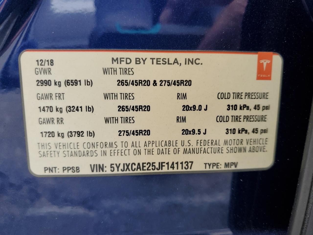 2018 Tesla Model X VIN: 5YJXCAE25JF141137 Lot: 62964925