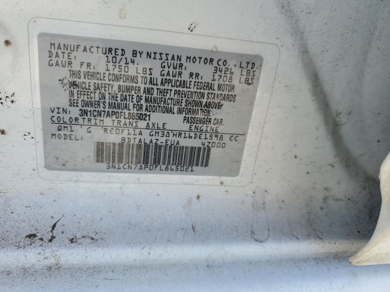 2015 Nissan Versa S VIN: 3N1CN7AP0FL865021 Lot: 65637455