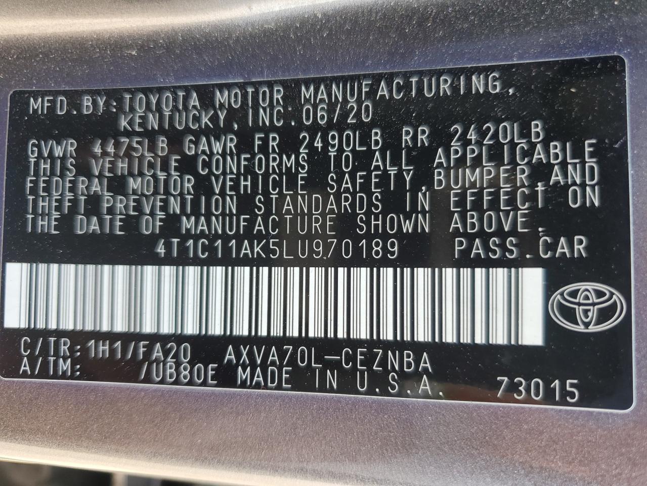 2020 Toyota Camry Le VIN: 4T1C11AK5LU970189 Lot: 65402255