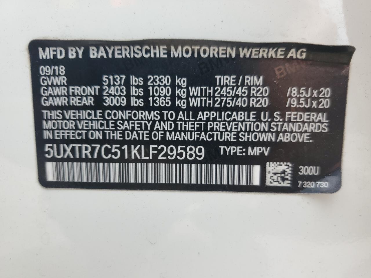 2019 BMW X3 Sdrive30I VIN: 5UXTR7C51KLF29589 Lot: 63697125