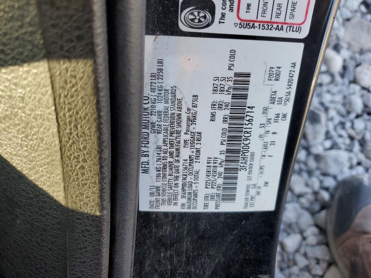 2012 Ford Fusion Sport VIN: 3FAHP0DC9CR156714 Lot: 65045315