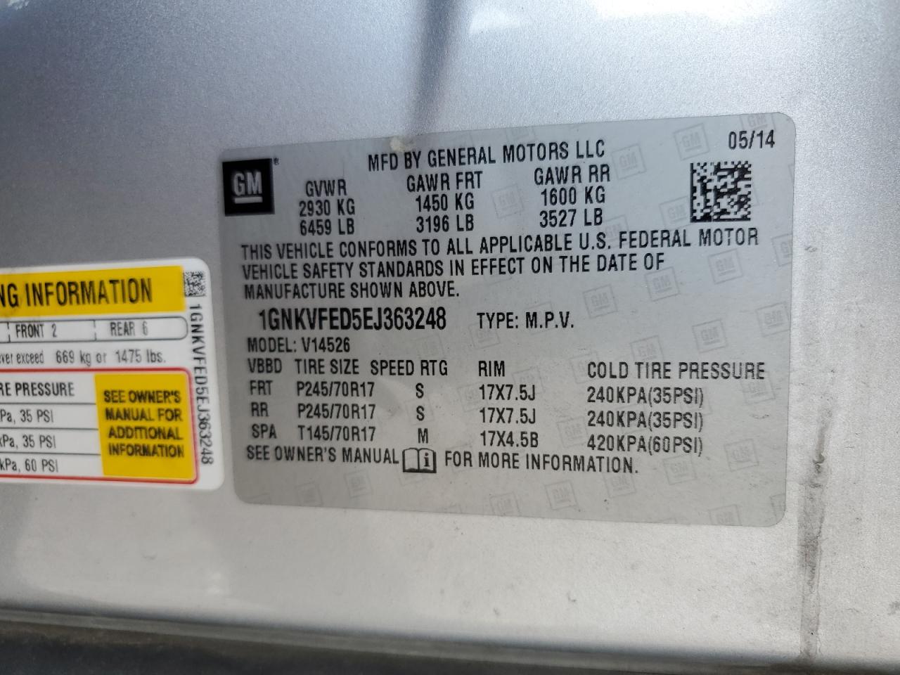 2014 Chevrolet Traverse Ls VIN: 1GNKVFED5EJ363248 Lot: 64257505