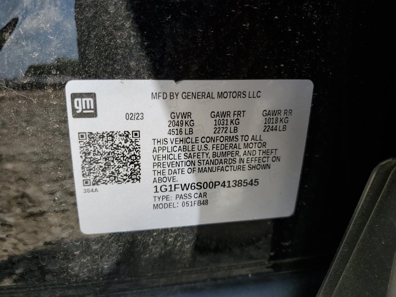 2023 Chevrolet Bolt Ev 1Lt VIN: 1G1FW6S00P4138545 Lot: 66033975